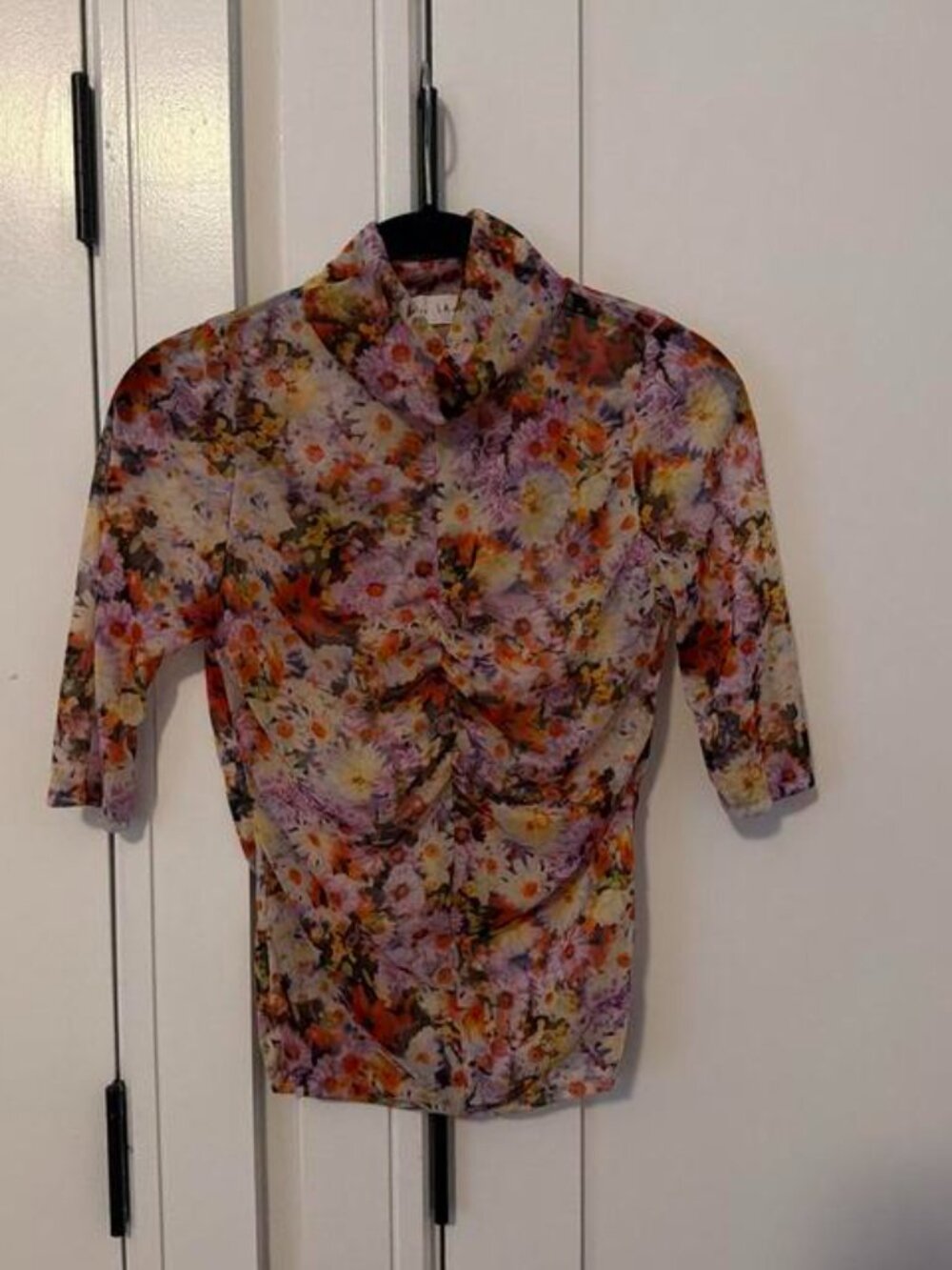 Multi-colored mesh floral blouse with ruched detail